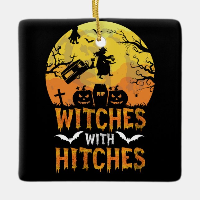 Halloween Hexen mit dem Hitches-Camping-Camper Keramikornament (Vorderseite)