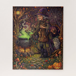 Halloween Hexen-Puzzle - Hexe rührt schwarze Katze Puzzle