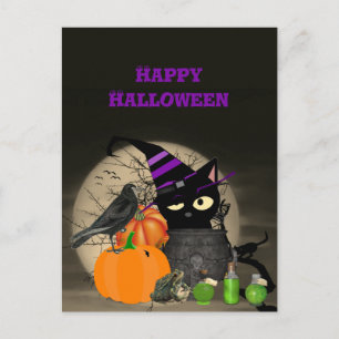 Halloween-Hexen-Schwarze-Katze-Für-Kinder-Grußkart Postkarte