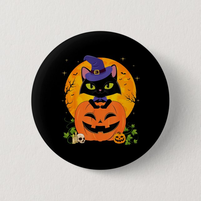 Halloween Hexen Schwarze Katze und Kürbis Mädchen  Button (Vorderseite)