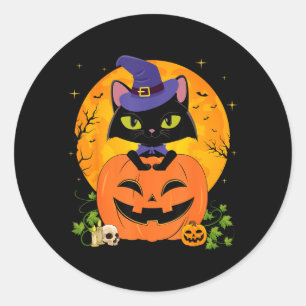Halloween Hexen Schwarze Katze und Kürbis Mädchen Runder Aufkleber