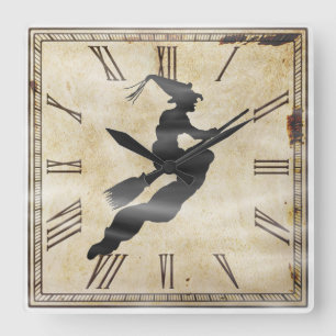 Halloween-Hexen-Silhouette   Vintage-Uhrzifferblat Quadratische Wanduhr