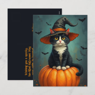 Halloween Hexen Tuxedo Katze Auf Einem Kürbis Feiertagspostkarte