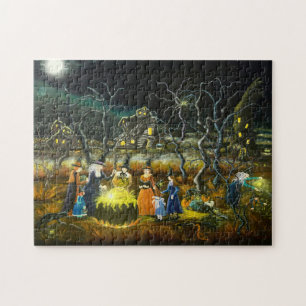 Halloween-Hexen um einen großen Kessel Puzzle