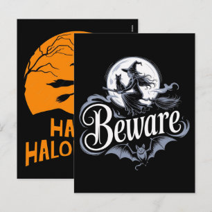 Halloween Hexenbesen Schwarze Katze Mond Grafik Feiertagspostkarte
