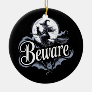 Halloween Hexenbesen Schwarze Katze Mond Grafik Keramik Ornament