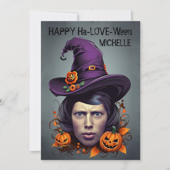 Halloween-Hexengesicht in Loch-Grüße Einladung (Vorderseite)