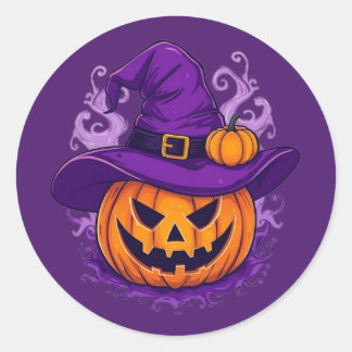 Halloween-Hexenhut-Kürbis Jack-O'-Lantern-Aufklebe Runder Aufkleber