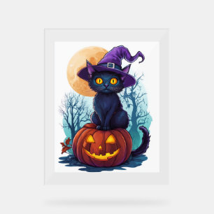 Halloween-Hexenkatze auf einem Kürbis Acrylschild