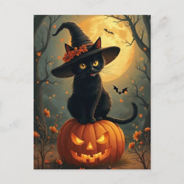 Halloween Hexenkatze auf einem Kürbis Feiertagspostkarte (Vorderseite)