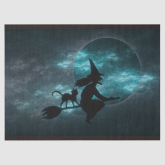 Halloween Hexenkatze Broom Moon Wolken Seidenpapier