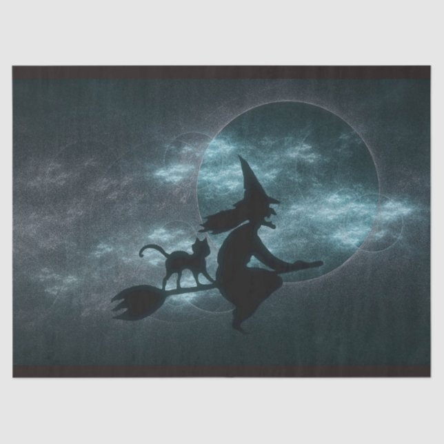 Halloween Hexenkatze Broom Moon Wolken Seidenpapier (Vorderseite)