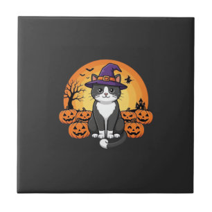 Halloween Hexenkatze Kürbis Mond Design_1 Fliese