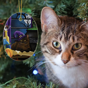 Halloween Hexenkatze Lila Magie Keramik Ornament