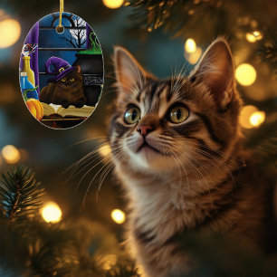 Halloween Hexenkatze Lila Magie Keramik Ornament