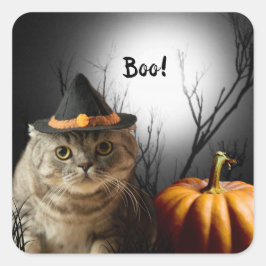 Halloween Hexenkatze mit Kürbisklebern Quadratischer Aufkleber