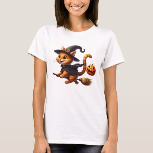 Halloween Hexenkatze Riding Broomstick Pumpkin T-Shirt