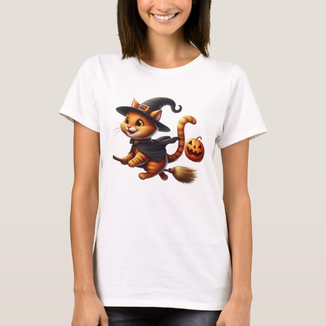 Halloween Hexenkatze Riding Broomstick Pumpkin T-Shirt (Vorderseite)