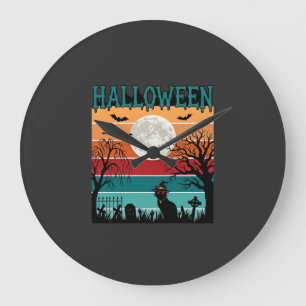 Halloween Hexenkatze Spinnennetz Mond Friedhof_1_1 Große Wanduhr