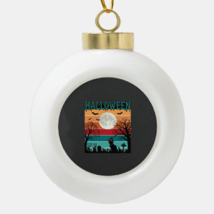 Halloween Hexenkatze Spinnennetz Mond Friedhof_1_1 Keramik Kugel-Ornament