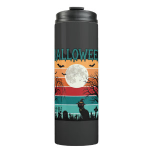 Halloween Hexenkatze Spinnennetz Mond Friedhof_1_1 Thermosbecher