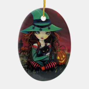 Halloween-Hexenkatze und Kürbislaterne-Ornament Keramikornament