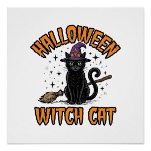 Halloween-Hexenkatze Vintage-Stich-Design_1 Poster