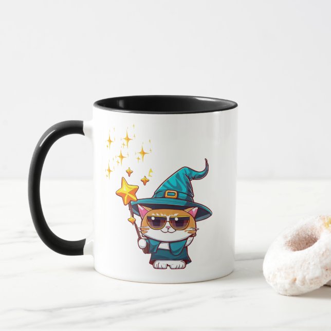 Halloween Hexenkatzen, die Zaubersterne halten Tasse (Mit Donut)