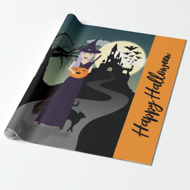Halloween Hexenkürbis Schwarze Katze Dein Text Geschenkpapier (Ungerollt)