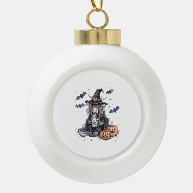 Halloween Highland Cow Keramik Kugel-Ornament (Vorderseite)