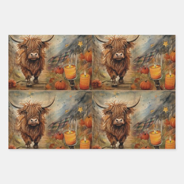 Halloween Highland Cow Portrait Ephemera Geschenkpapier Set (Vorderseite)