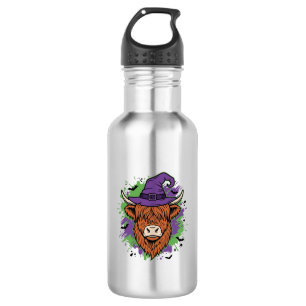 Halloween Highland Kuh Hexenhut Vintage Vektor_1 Edelstahlflasche
