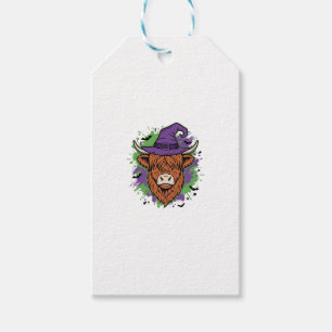 Halloween Highland Kuh Hexenhut Vintage Vektor_1 Geschenkanhänger