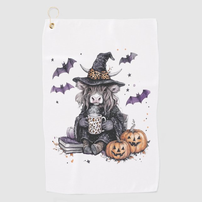 Halloween Highland-Rind Golfhandtuch (Vorderseite)