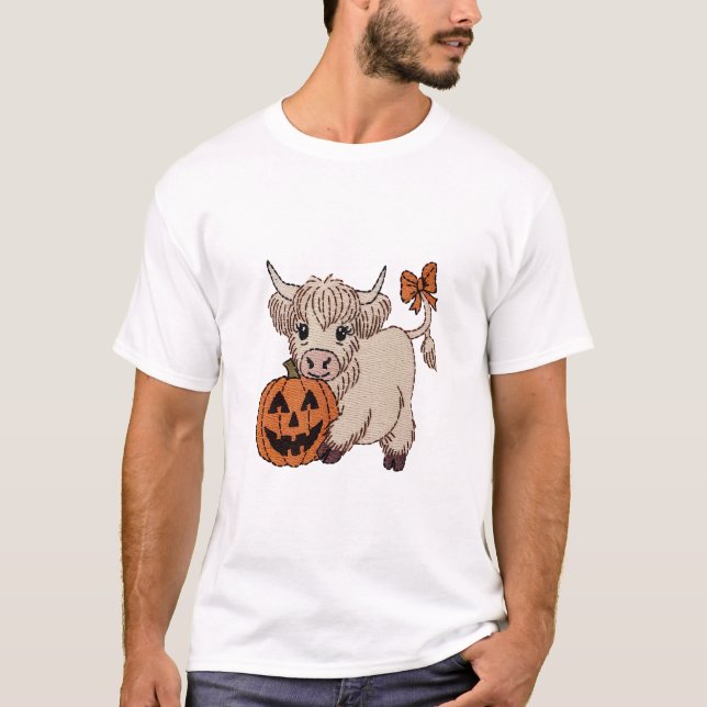Halloween-Hochlandrind-Kürbis T-Shirt (Vorderseite)