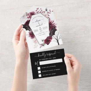 Halloween-Hochzeit Herbst Dunkel Burgundrot Schwar All In One Einladung