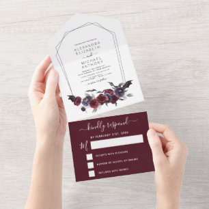 Halloween-Hochzeit Herbst Dunkel Burgundrot Schwar All In One Einladung