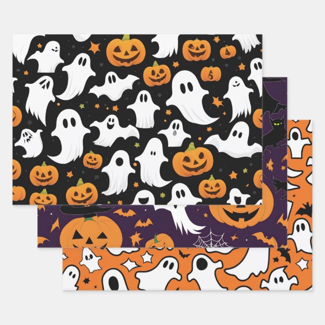 Halloween Holiday Pumpkin Ghost Bats Black Lila Geschenkpapier Set (Set)