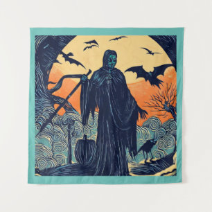 Halloween - Holzschnitt Stil 3 Band Wandteppich