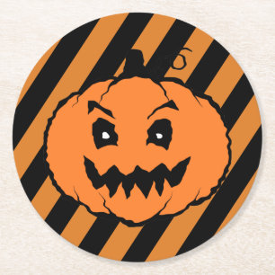 Halloween Horror Pumpkin Black Stripes Runder Pappuntersetzer