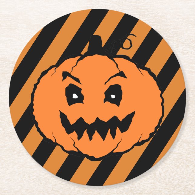 Halloween Horror Pumpkin Black Stripes Runder Pappuntersetzer (Vorderseite)