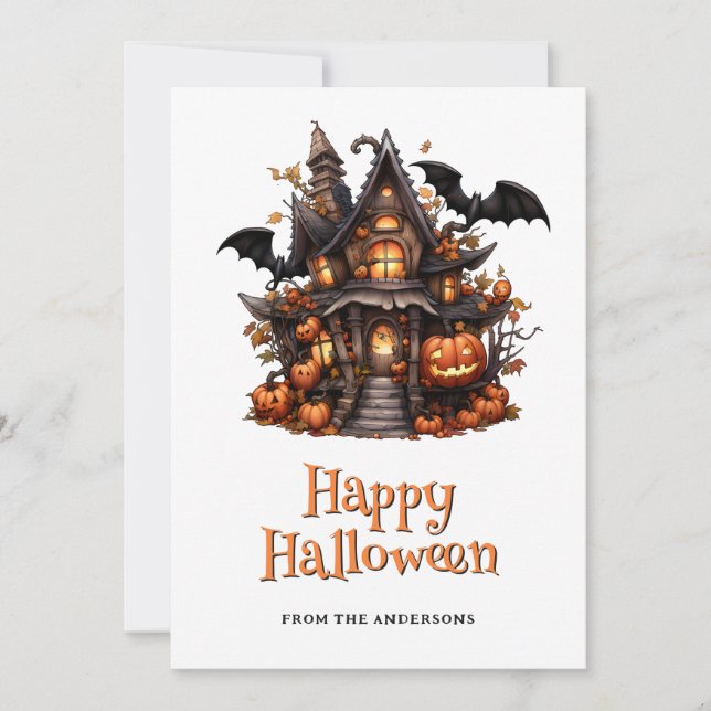 Halloween House Pumpkins Ghost Card Feiertagskarte (Vorderseite)