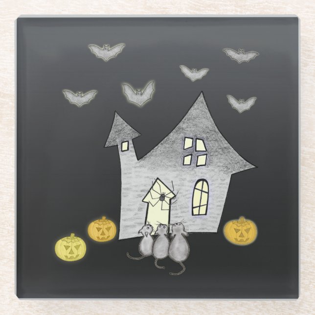Halloween House, Schwarze Katzen, Fledermäuse, Kür Glasuntersetzer (Vorderseite)
