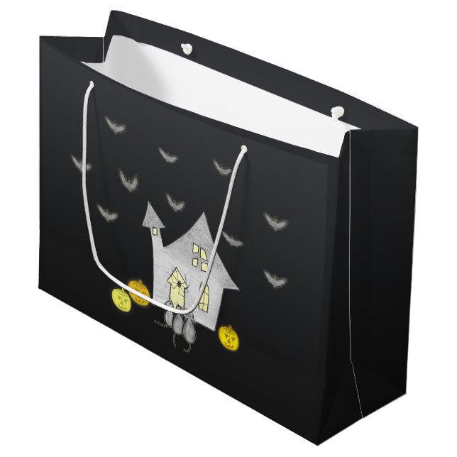Halloween House, Schwarze Katzen, Fledermäuse, Kür Große Geschenktüte (Vorderseite Schrägansicht)