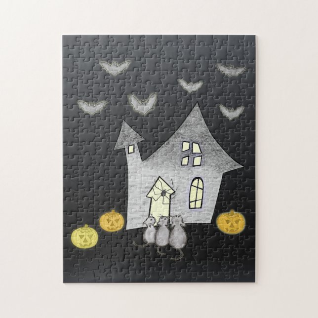 Halloween House, Schwarze Katzen, Fledermäuse, Kür Puzzle (Vertikal)