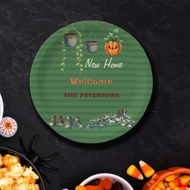 Halloween Housewarming Party Gremlin Shoes Green Pappteller (fun halloween personalized plate welcome housewarming party green gremlin shoes plants funny cute)