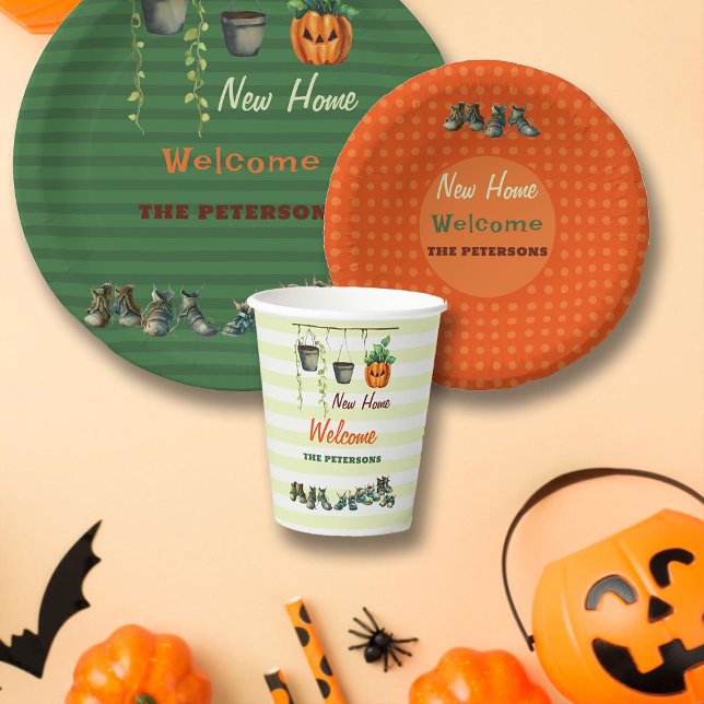 Halloween Housewarming Party Gremlins Willkommen L Pappbecher (halloween housewarming party welcome cup gremlin shoes potted plants family couple funny cute green)