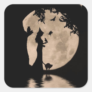 Halloween Hübsch Hexe und Familiars Cat Owl Raven Quadratischer Aufkleber