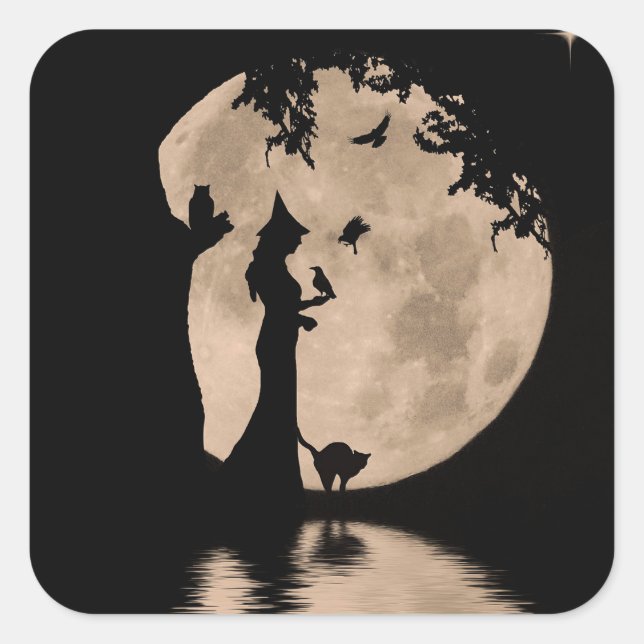 Halloween Hübsch Hexe und Familiars Cat Owl Raven Quadratischer Aufkleber (Vorderseite)