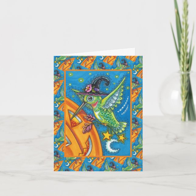 HALLOWEEN HUMMINGBIRD & KÜRBISLATERNE WHIMSY FEIERTAGSKARTE (Vorderseite)